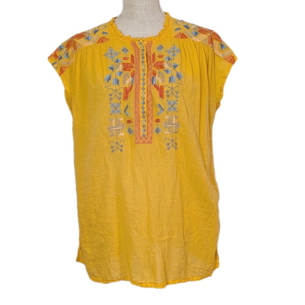 JOHNNY WAS Shirt Womens Medium Biya Embroidery Haddie Top Yellow Cotton Festival